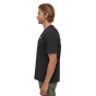 Side profile of a man stood on a white background wearing the Patagonia organic cotton p6 logo t-shirt
