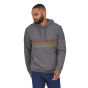 Man stood wearing the Patagonia eco-friendly gravel heather line logo hoody on a white background