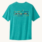 Patagonia Men's Capilene Cool Daily Graphic Shirt - Unity Fitz / Subtidal Blue X-Dye, with a Patagonia mountain range silhouette  in navy blue, purple, green, orange, yellow and mint colours with the word "Patagonia" in the middle, on the back of the t-sh