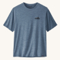 Patagonia Men's Capilene Cool Daily Graphic Shirt - 73 Skyline / Utility Blue X-Dye, with a black Patagonia mountain logo on the front of the t-shirt