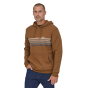 Man stood wearing the Patagonia eco-friendly bear brown ridge line logo hoody on a white background
