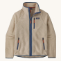 Patagonia Men's Retro Pile Jacket - Dark Natural / Utility Blue, with a Patagonia logo on the chest,navy blue zipper and zip, and brown zipper pulls, on a cream background