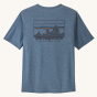Patagonia Men's Capilene Cool Daily Graphic Shirt - 73 Skyline / Utility Blue X-Dye, with a Patagonia mountain range logo and "Save Our Home Plantet" text underneath, on the back of the t-shirt