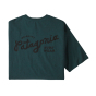 Patagonia mens quality surf organic cotton responsibili-tee shirt in dark borealis green laid out on a white background