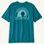 Back detail of the Patagonia Men's Rubber Tree Mark Responsibili-Tee - Belay Blue on a plain background.