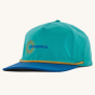 Patagonia Merganzer Chinstrap Hat - Channel Islands / Subtidal Blue, on a cream background. The hat has a turquoise top, a royal blue peak and a yellow elasticated chin strap which sits nearly on the peak of the cap