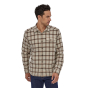 Man wearing the Patagonia eco-friendly cotton fjord flannel shirt on a white background