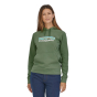 Woman stood wearing the Patagonia eco-friendly organic cotton p6 pastel logo hoody on a white background