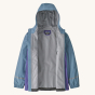 An open Patagonia Kid's Torrentshell 3 Layer Waterproof Rain Jacket, showing the inside of the jacket. The jacket in the photo is light blue/grey with a light grey lining and reflective arm strips near the cuffs
