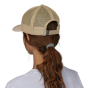 Back view of adult wearing the Patagonia P-6 Logo Trucker Hat in an Oar Tan colour way 