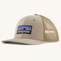 Patagonia P-6 Logo Trucker Hat in an Oar Tan colour way pictured on a plain background 