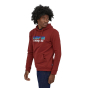 Picture of model wearing recycled hoody from side view. Picture background is white,