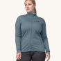 A woman models the front of the Patagonia Women's R1 Daily Jacket - Light Plume Grey / Steam Blue X-Dye against a plain background.