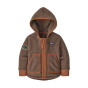 Patagonia Baby Retro Pile hooded Fleece Jacket in Topsoil Brown with a whale patch on the sleeve, pockets and elasticated tan wrist cuffs and trim on a white background