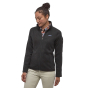 Woman wearing the Patagonia 100% recycled polyester better sweater jacket in black on a white background