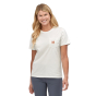 Woman stood on a white background wearing the Patagonia eco-friendly alpine icon pocket t-shirt