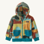 Front view Patagonia Little Kids Synchilla Fleece Hooded Cardigan - Fronterita / Skiff Blue with patterned material, blue pockets, blue zip and blue wrist and waist cuff