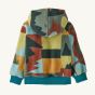 Back view Patagonia Little Kids Synchilla Fleece Hooded Cardigan - Fronterita / Skiff Blue with patterned material, blue zip and blue wrist and waist cuff