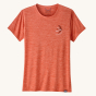 Patagonia Women's Capilene Cool Daily Graphic Shirt - Granite Swift / Pimento Red X-Dye. This photo shows a Patagonia swift logo and a hanging tab on the collar of the t-shirt, on a cream background