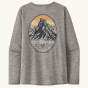 Patagonia Women's Long-Sleeved Capilene Cool Daily Graphic Shirt - Chouinard Crest / Feather Grey, showing a Patagonia Chouinard mountain logo with a yellow and orange sky logo on the back of the top