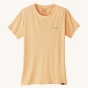Patagonia Women's Capilene Cool Daily Graphic Shirt - Boardshort Logo / Sandy Melon X-Dye, with silver Patagonia writing on the front of the t-shirt