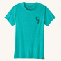 Patagonia Women's Capilene Cool Daily Graphic Shirt - Trail Trotters / Subtidal Blue X-Dye, showing a patagonia running footprint logo on the front of the t-shirt, on a cream background