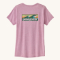 The Patagonia Women's Capilene Cool Daily Graphic Shirt - Boardshort Logo / Milkweed Mauve X-Dye, showing the Patagonia wave logo on the back of the t-shirt