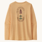 Patagonia Women's Long-Sleeved Capilene Cool Daily Graphic Shirt - Clean Climb Bloom / Sandy Melon X-Dye with a pink flower with green leaves inside of a carabiner logo, on the back of the top