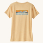 Patagonia Women's Capilene Cool Daily Graphic Shirt - Boardshort Logo / Sandy Melon X-Dye, with a Patagonia wave logo on the back of the t-shirt