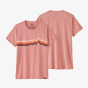 The Patagonia Women's Cap Cool Daily Graphic Shirt - Ridge Rise Stripe: Sunfade Pink X-Dye, front and reverse on white background