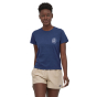 Woman stood on a white background wearing the Patagonia eco-friendly how to save responsibili-tee in the current blue colour 