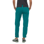 Woman stood on a white background wearing the green Patagonia caliza rock pants