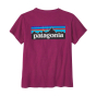 Back of the womens Patagonia organic cotton p6 logo responsibili-tee in the star pink colour on a white background