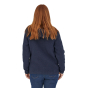 Woman facing backwards wearing the Patagonia navy blue retro hooded jumper on a white background