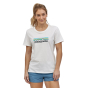 Woman wearing the Patagonia eco-friendly organic cotton white pastel logo t shirt on a white background