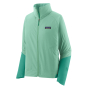 Patagonia womens R1 cross strata zip-up jacket in the early teal colour on a white background