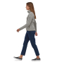 Side view of woman walking on a white background wearing the Patagonia recycled polyester Better Sweater