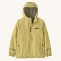 Patagonia Kid's Torrentshell 3 Layer Waterproof Rain Jacket - Milled Yellow. A yellow waterproof children's jacket with reflective strips on the bottom of the arms, and a patagonia logo on the chest. The jacket also has a grey lining.