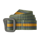 Patagonia Friction Belt - Clean Climb Belt: Sedge Green, a striped belt with sage green, grey and mustard yellow and a dark grey aluminium buckle. coiled up with the buckle to the front, white background