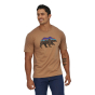 Man stood on a white background wearing the Patagonia organic cotton dark camel back for good t-shirt
