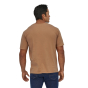 Man stood backwards wearing the Patagonia eco-friendly back for good t-shirt in the dark camel colour on a white background