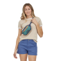 A woman wearing the Patagonia Ultralight Black Hole Mini Hip Pack in Fresh Teal, stood upright, front facing, hip pack across body from their left shoulder to right waist, on a white background