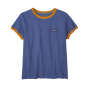 Patagonia womens organic cotton P-6 label ringer t-shirt in the current blue colour on a white background