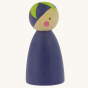 Peepul plastic-free handmade wooden aubergine peg doll toy on an off-white background. Side profile.