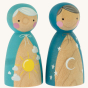 Peepul plastic-free handmade wooden night and day peg doll toy on an off-white background. Side angle.