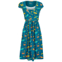 blue organic cotton women's wrap dress with the wild horses print from piccalilly