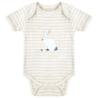 organic cotton short-sleeve baby body with white and pale cream stripes and a white rabbit applique from piccalilly