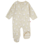 This Piccalilly Cotton Tail Footed Sleepsuit is a pale cream GOTS organic cotton babygrow with an adorable white rabbit all-over print, and cream and white stripy feet