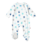 Piccalilly organic cotton eco-friendly baby wrapover sleepsuit in the sheep print laid out on a white background