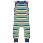 organic cotton dungarees for babies and toddlers with a bright rainbow stripe all-over print, a co-ordinating blue trim and comfy stretchy cuffs from piccalilly